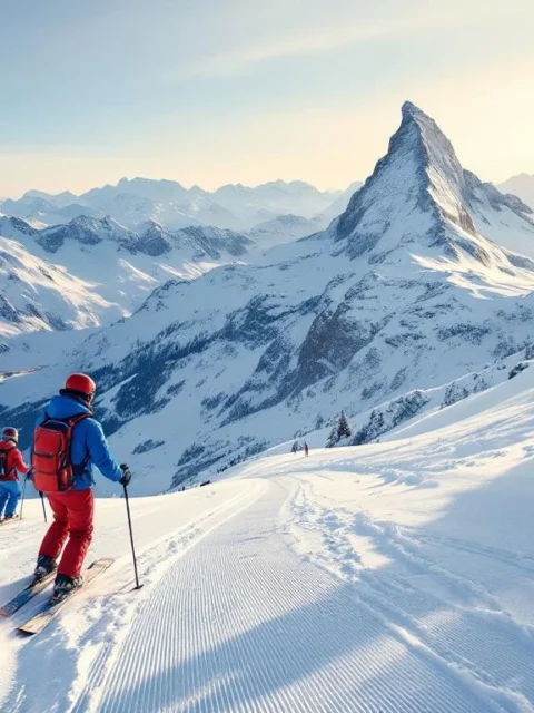 Ski-instructeur in rode jas geeft les aan skiër in blauw op piste in Zermatt met iconische Matterhorn berg badend in ochtendlicht op achtergrond.