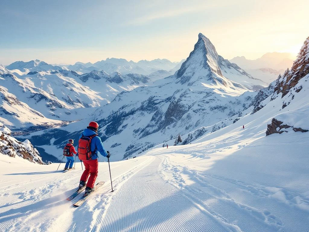 Ski-instructeur in rode jas geeft les aan skiër in blauw op piste in Zermatt met iconische Matterhorn berg badend in ochtendlicht op achtergrond.