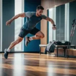 Atleet voert zijwaartse speed skater jumps uit op houten gymvloer, met skistokken en skijas zichtbaar op de achtergrond.