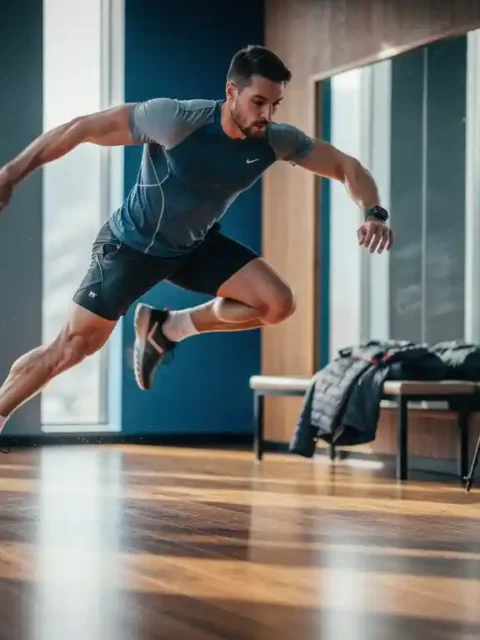 Atleet voert zijwaartse speed skater jumps uit op houten gymvloer, met skistokken en skijas zichtbaar op de achtergrond.