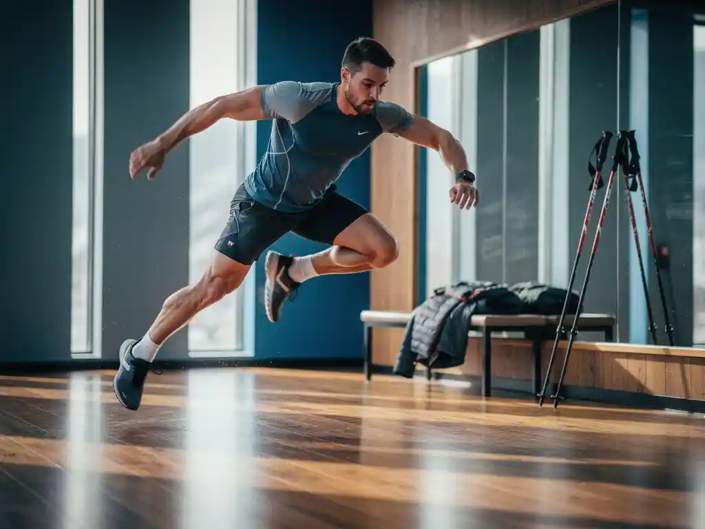 Atleet voert zijwaartse speed skater jumps uit op houten gymvloer, met skistokken en skijas zichtbaar op de achtergrond.