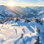 Luchtfoto van Zürs skigebied in Oostenrijkse Alpen met skileraren die groepen begeleiden op verschillende pistes