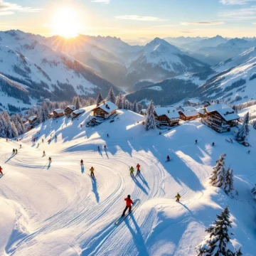Luchtfoto van Zürs skigebied in Oostenrijkse Alpen met skileraren die groepen begeleiden op verschillende pistes