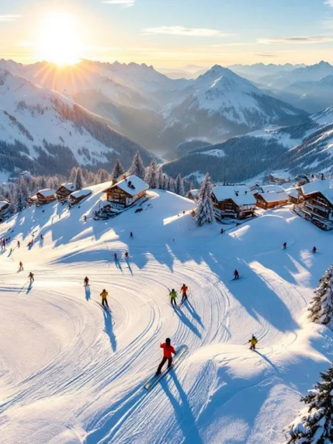 Luchtfoto van Zürs skigebied in Oostenrijkse Alpen met skileraren die groepen begeleiden op verschillende pistes