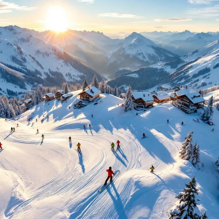 Luchtfoto van Zürs skigebied in Oostenrijkse Alpen met skileraren die groepen begeleiden op verschillende pistes