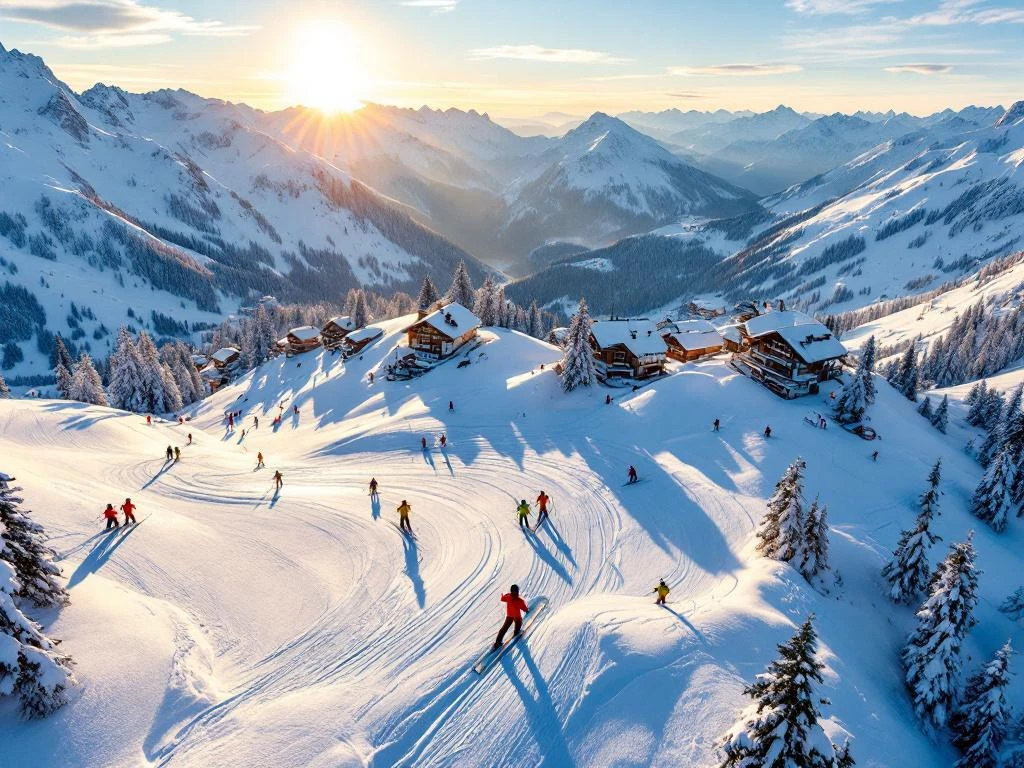 Luchtfoto van Zürs skigebied in Oostenrijkse Alpen met skileraren die groepen begeleiden op verschillende pistes