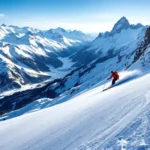 Steile zwarte piste op Alpengletsjer met verse poedersneeuw en carve-sporen. Dramatisch perspectief toont extreme helling in ochtendzon met bergpanorama.