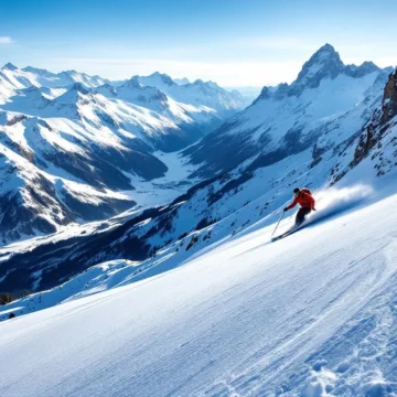 Steile zwarte piste op Alpengletsjer met verse poedersneeuw en carve-sporen. Dramatisch perspectief toont extreme helling in ochtendzon met bergpanorama.