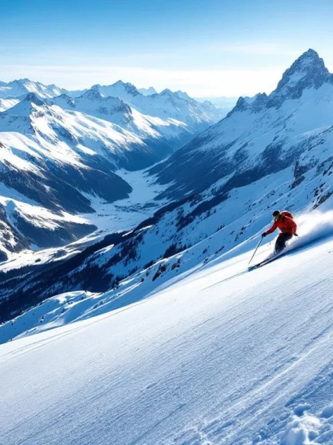 Steile zwarte piste op Alpengletsjer met verse poedersneeuw en carve-sporen. Dramatisch perspectief toont extreme helling in ochtendzon met bergpanorama.