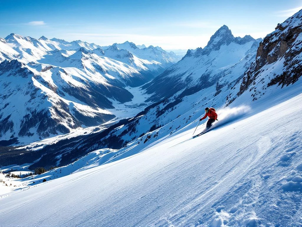 Steile zwarte piste op Alpengletsjer met verse poedersneeuw en carve-sporen. Dramatisch perspectief toont extreme helling in ochtendzon met bergpanorama.