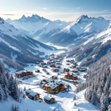 Luchtfoto van exclusief Zwitsers skiresort met besneeuwde hellingen, luxe chalets en bergpieken bij zonsondergang