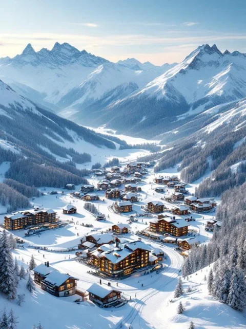 Luchtfoto van exclusief Zwitsers skiresort met besneeuwde hellingen, luxe chalets en bergpieken bij zonsondergang