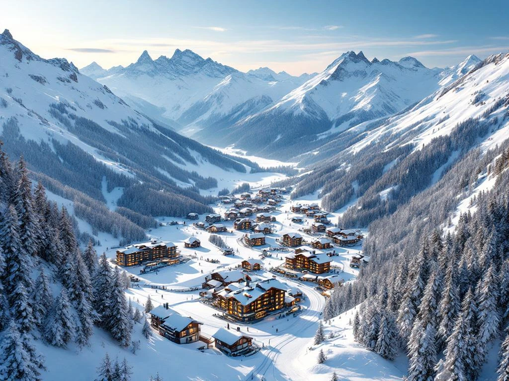 Luchtfoto van exclusief Zwitsers skiresort met besneeuwde hellingen, luxe chalets en bergpieken bij zonsondergang