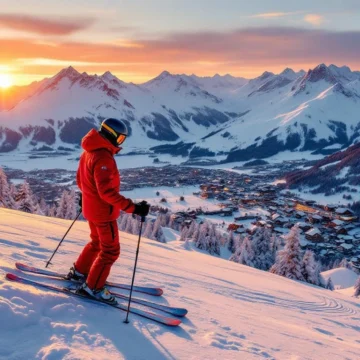 Ski-instructeur in rode jas demonstreert op geprepareerde pistes bij Zwitsers skigebied tijdens zonsondergang, met verlichte bergtoppen en traditionele chalets op de achtergrond.