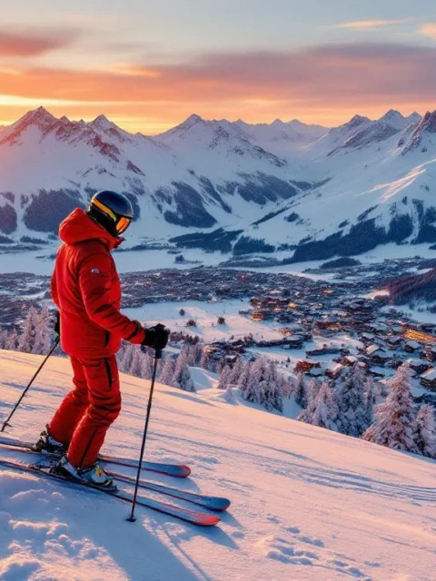 Ski-instructeur in rode jas demonstreert op geprepareerde pistes bij Zwitsers skigebied tijdens zonsondergang, met verlichte bergtoppen en traditionele chalets op de achtergrond.