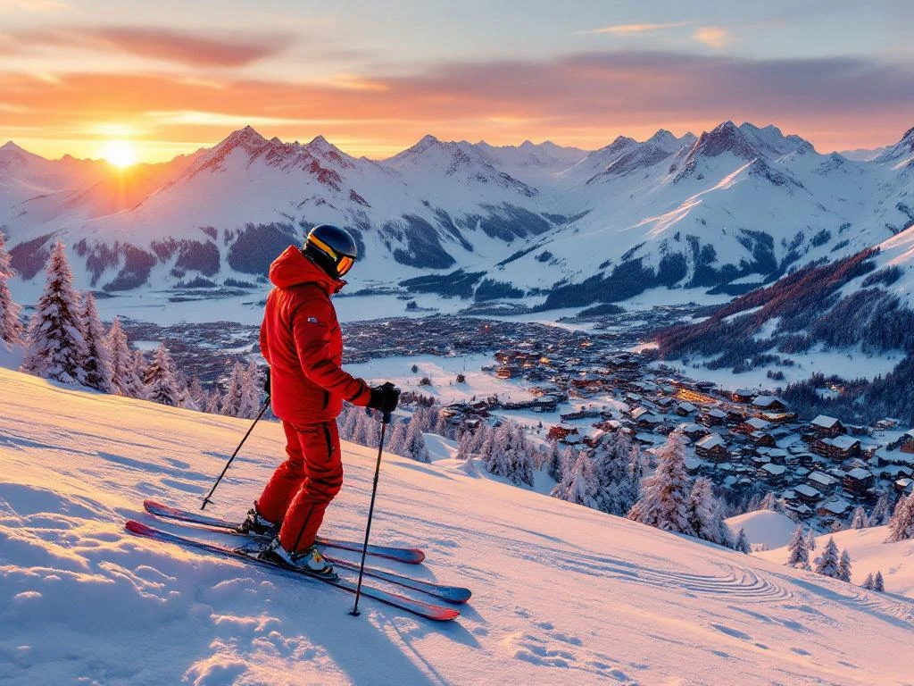 Ski-instructeur in rode jas demonstreert op geprepareerde pistes bij Zwitsers skigebied tijdens zonsondergang, met verlichte bergtoppen en traditionele chalets op de achtergrond.