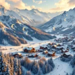 Luchtfoto van besneeuwde Zwitserse Alpen met luxe skiresort in dal, gouden zonsondergang, chalets en skilift zichtbaar