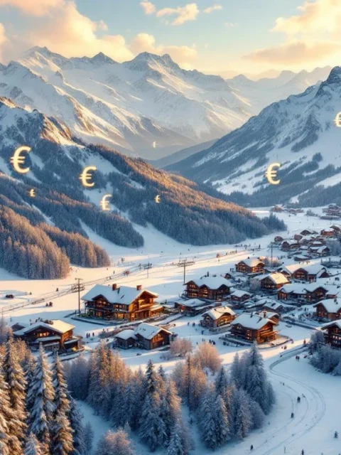 Luchtfoto van besneeuwde Zwitserse Alpen met luxe skiresort in dal, gouden zonsondergang, chalets en skilift zichtbaar