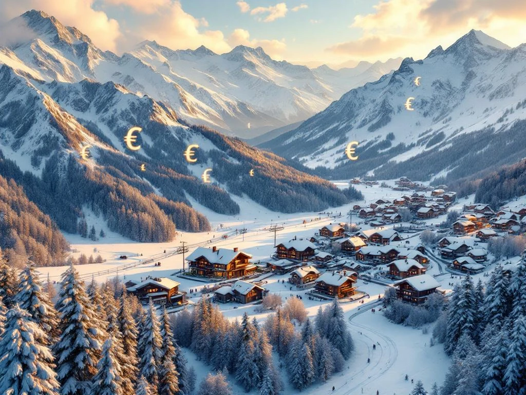 Luchtfoto van besneeuwde Zwitserse Alpen met luxe skiresort in dal, gouden zonsondergang, chalets en skilift zichtbaar