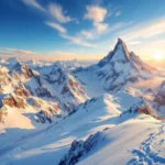 Luchtfoto van besneeuwde Zwitserse Alpen met Matterhorn en Jungfrau pieken in gouden zonsopganglicht en skiërs sporen