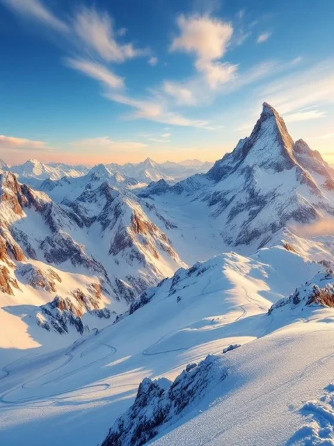 Luchtfoto van besneeuwde Zwitserse Alpen met Matterhorn en Jungfrau pieken in gouden zonsopganglicht en skiërs sporen