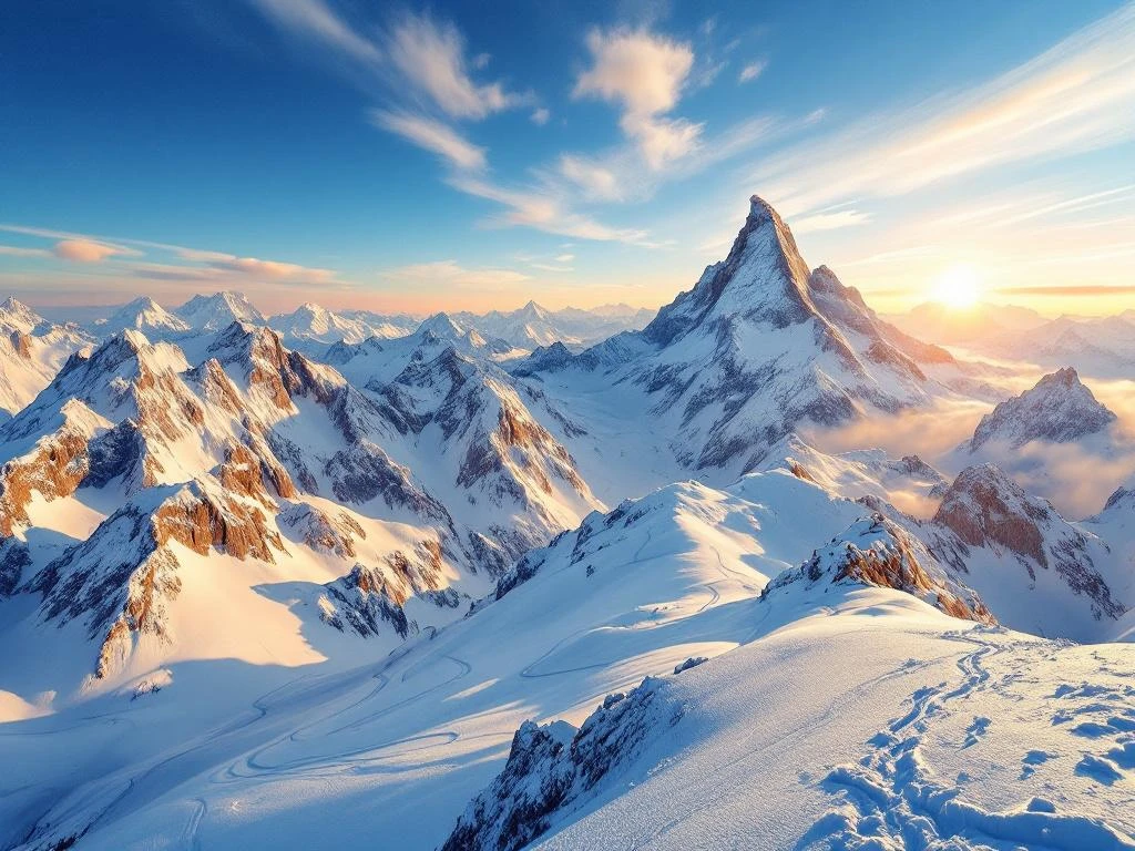 Luchtfoto van besneeuwde Zwitserse Alpen met Matterhorn en Jungfrau pieken in gouden zonsopganglicht en skiërs sporen