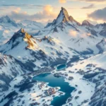 Luchtfoto van Zwitserse Alpen met skigebieden, besneeuwde bergen, Matterhorn en gouden zonsopgang over winterlandschap