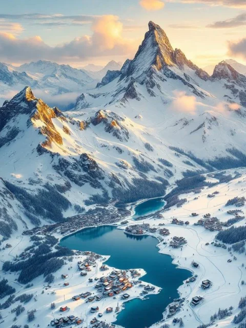 Luchtfoto van Zwitserse Alpen met skigebieden, besneeuwde bergen, Matterhorn en gouden zonsopgang over winterlandschap