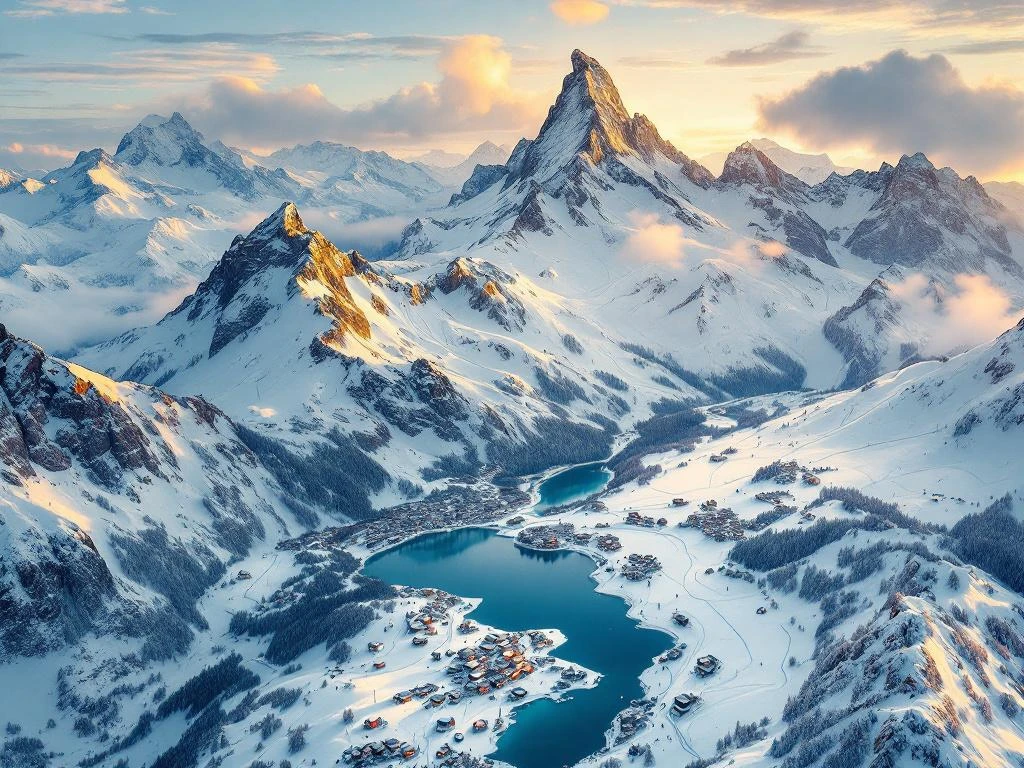 Luchtfoto van Zwitserse Alpen met skigebieden, besneeuwde bergen, Matterhorn en gouden zonsopgang over winterlandschap