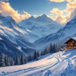 Besneeuwde Zwitserse Alpen bij zonsondergang met skipistes, alpine chalet en sparrenbomen in gouden winterlicht