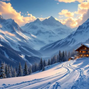 Besneeuwde Zwitserse Alpen bij zonsondergang met skipistes, alpine chalet en sparrenbomen in gouden winterlicht
