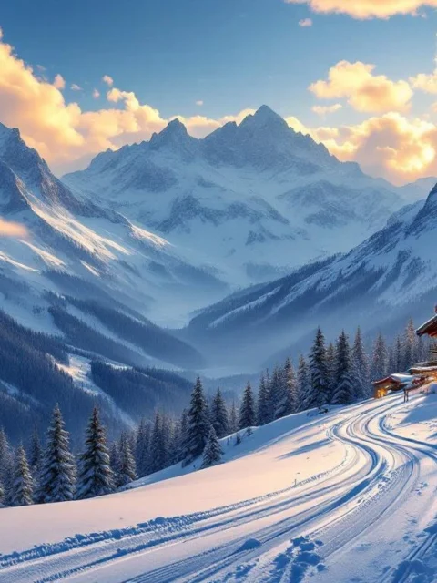 Besneeuwde Zwitserse Alpen bij zonsondergang met skipistes, alpine chalet en sparrenbomen in gouden winterlicht