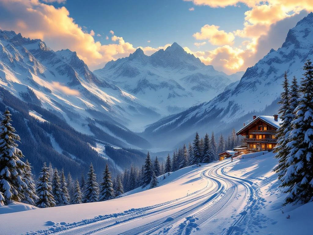 Besneeuwde Zwitserse Alpen bij zonsondergang met skipistes, alpine chalet en sparrenbomen in gouden winterlicht
